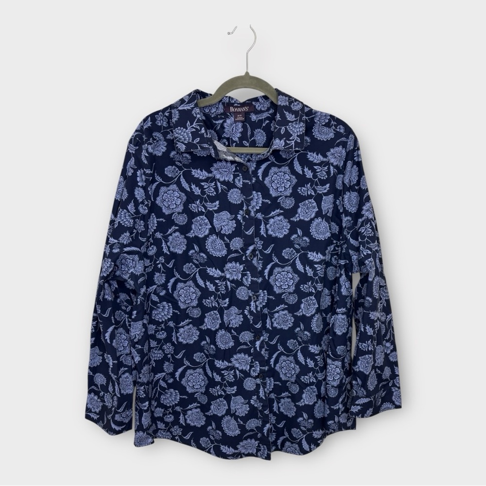 Roaman’s Navy Paisley Button Front Shirt Boho Chic Officewear Plus Size 20W